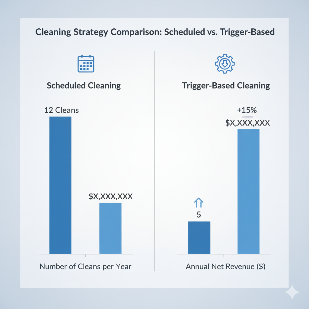 Scheduled vs. trigger-based cleaning ROI chart